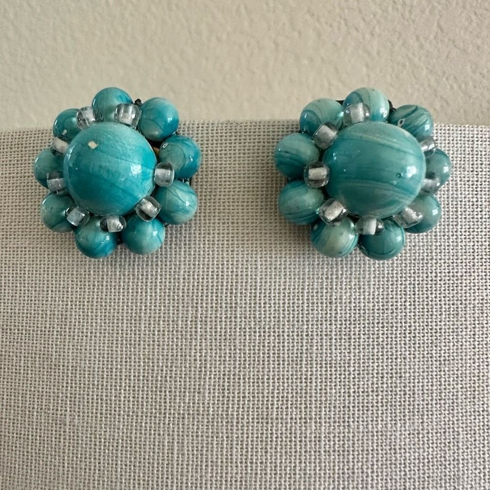 Blue beaded vintage clip on earrings